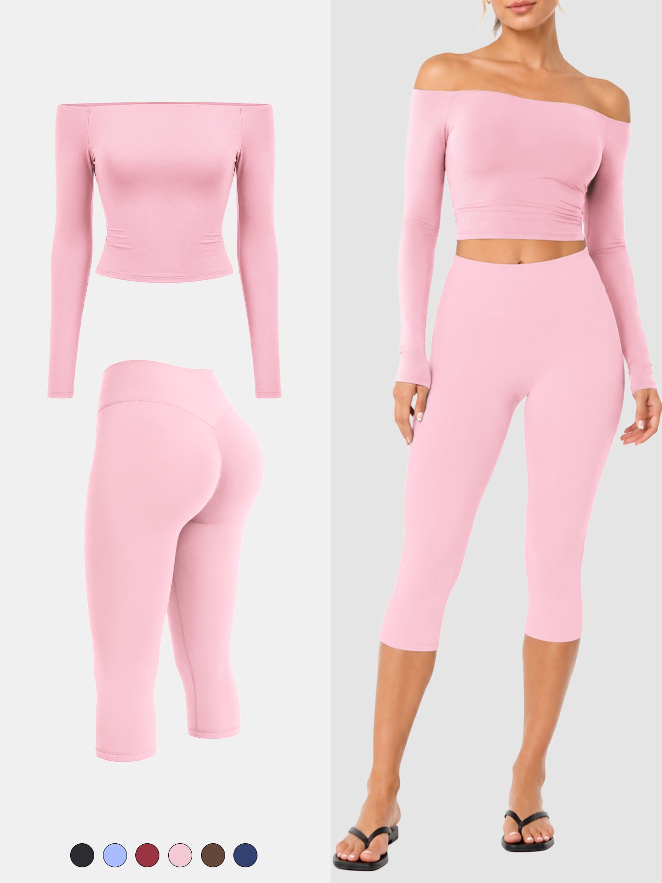 Yeoreo Ease Off-Shoulder Top & Capri Legging 2 Piece Set